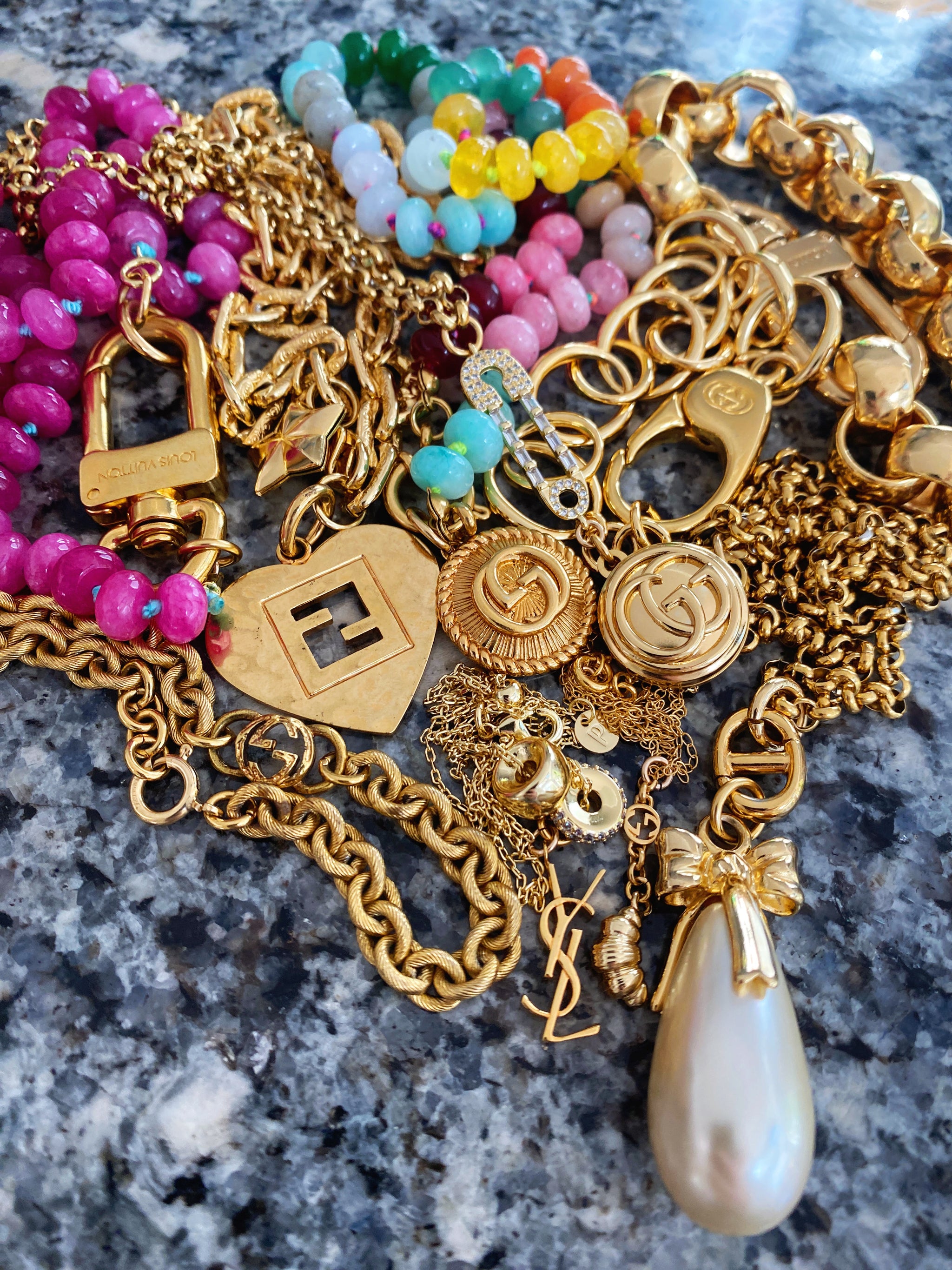 Medium Gold Gucci Button and Safety Pin Necklace Old Soul Vintage Jewelry