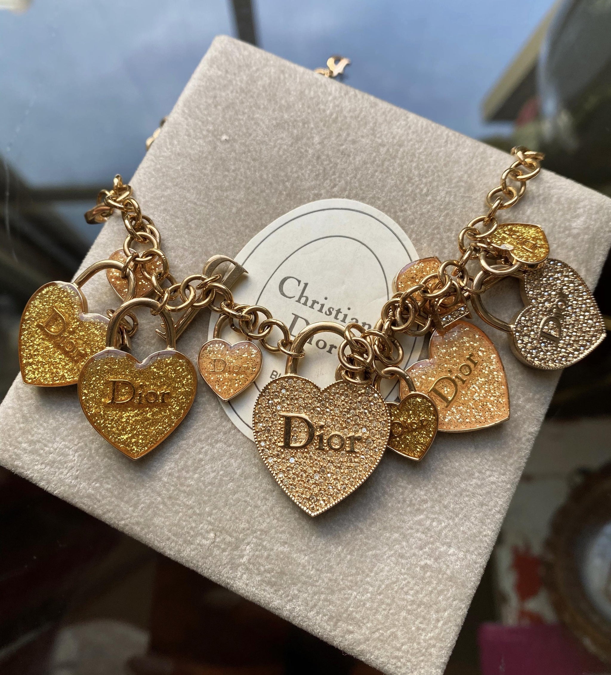 CHRISTIAN DIOR Necklace Multi Chain Antiqued Gold Tone Heart
