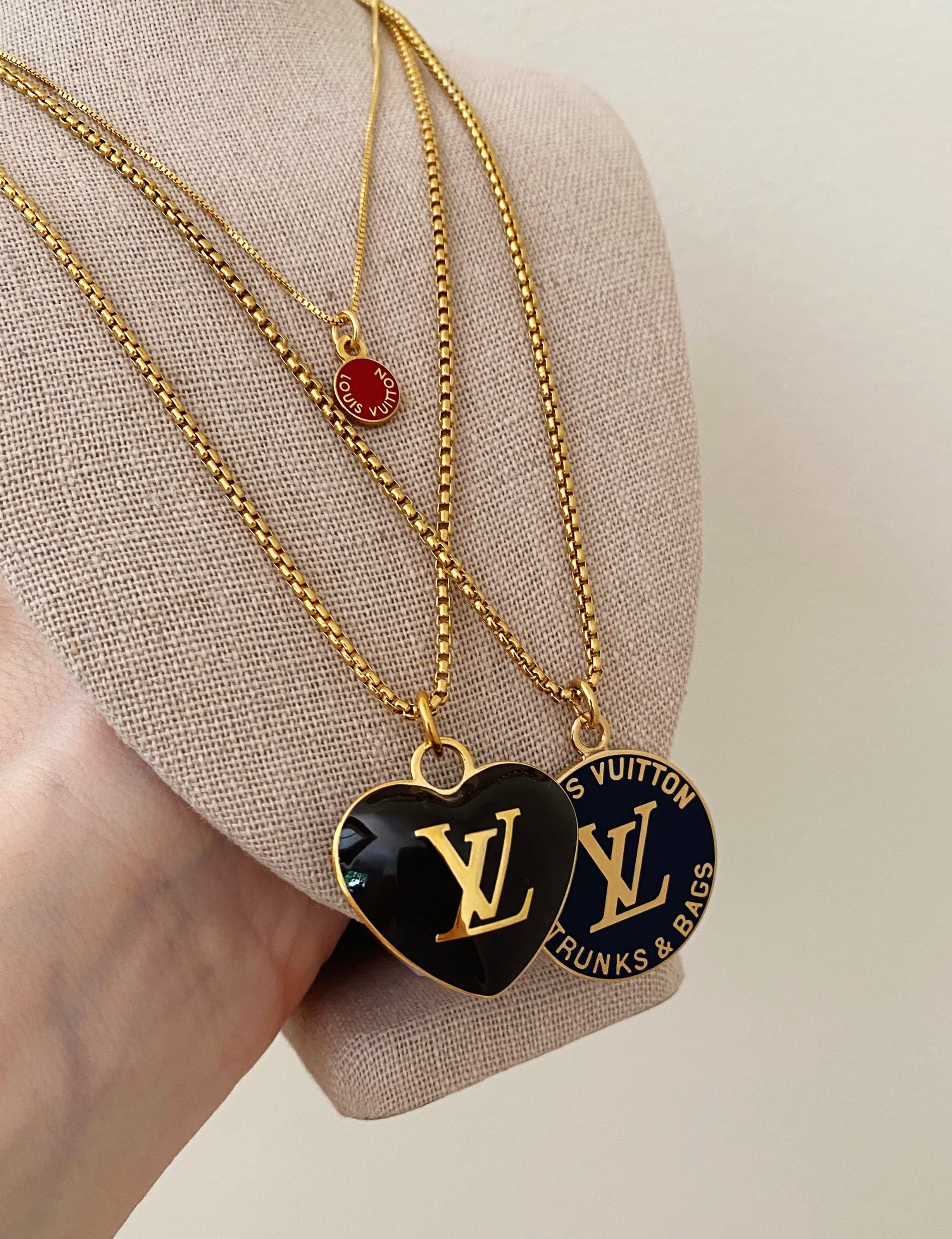 Large Navy Blue and Gold Repurposed Louis Vuitton Charm Necklace