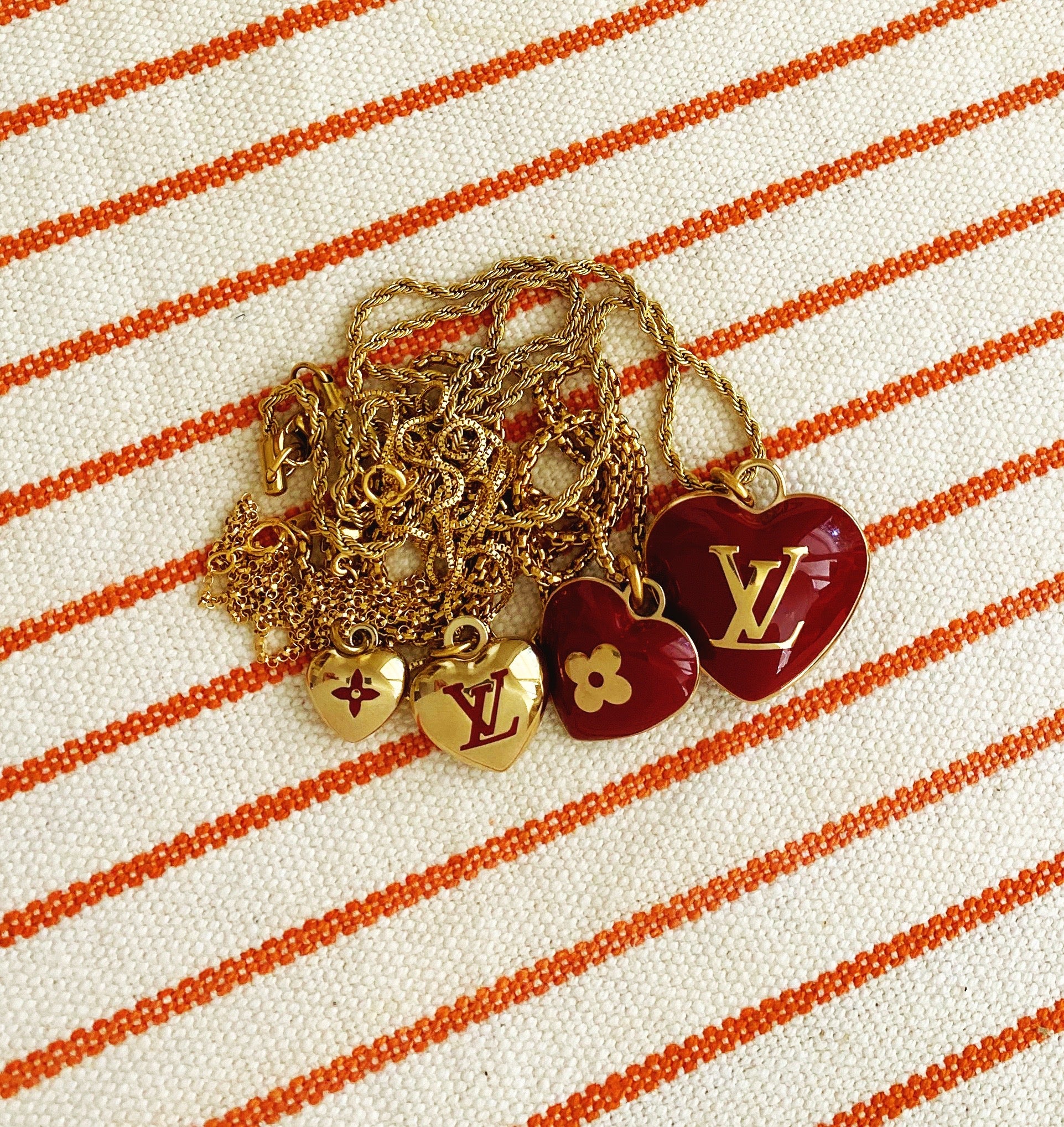 Louis Vuitton LV & V Red Heart Charm Gold Tone Necklace Louis
