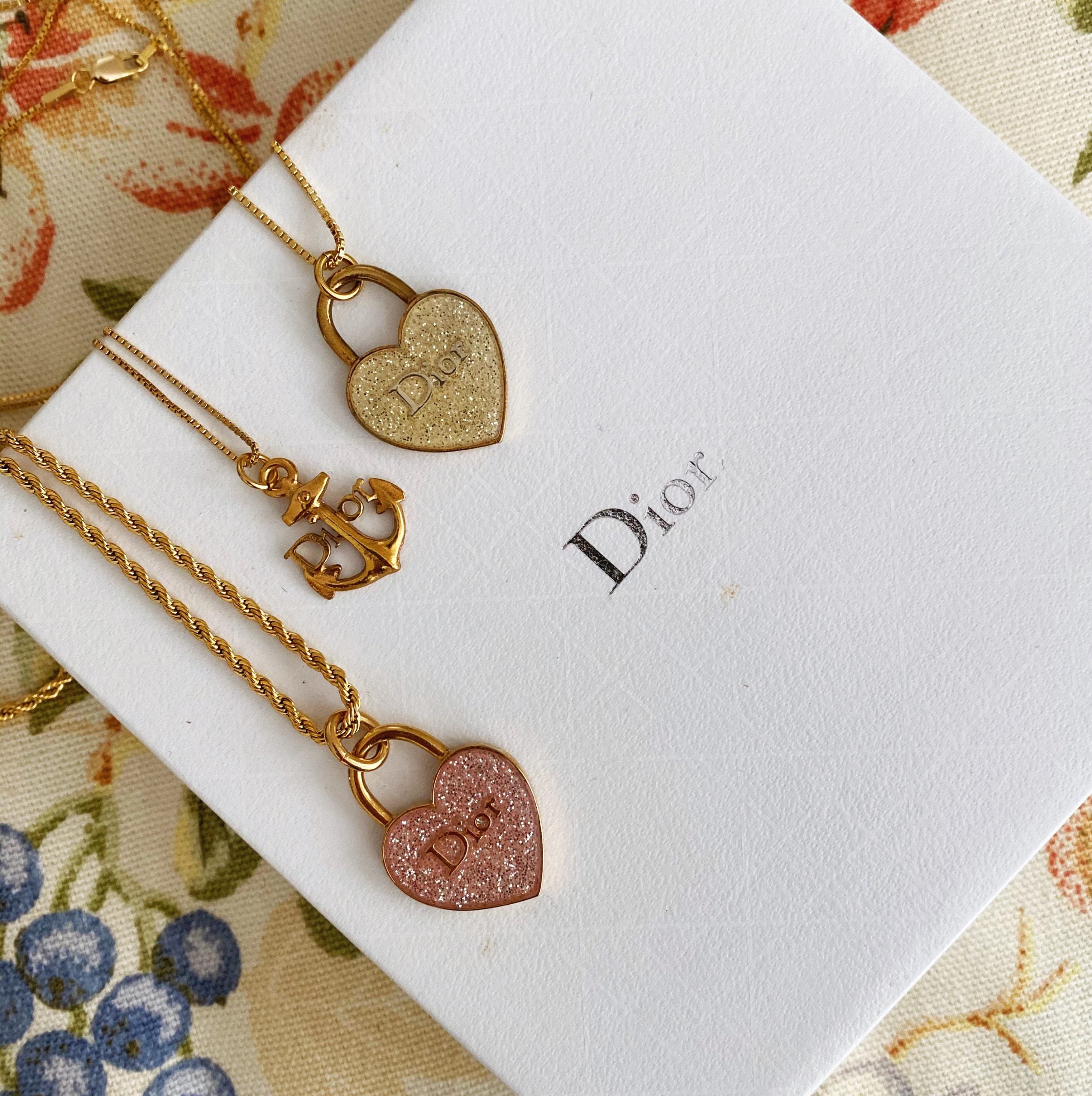 Medium-Large Gold and Pink Sparkle Dior Heart Charm Necklace – Old