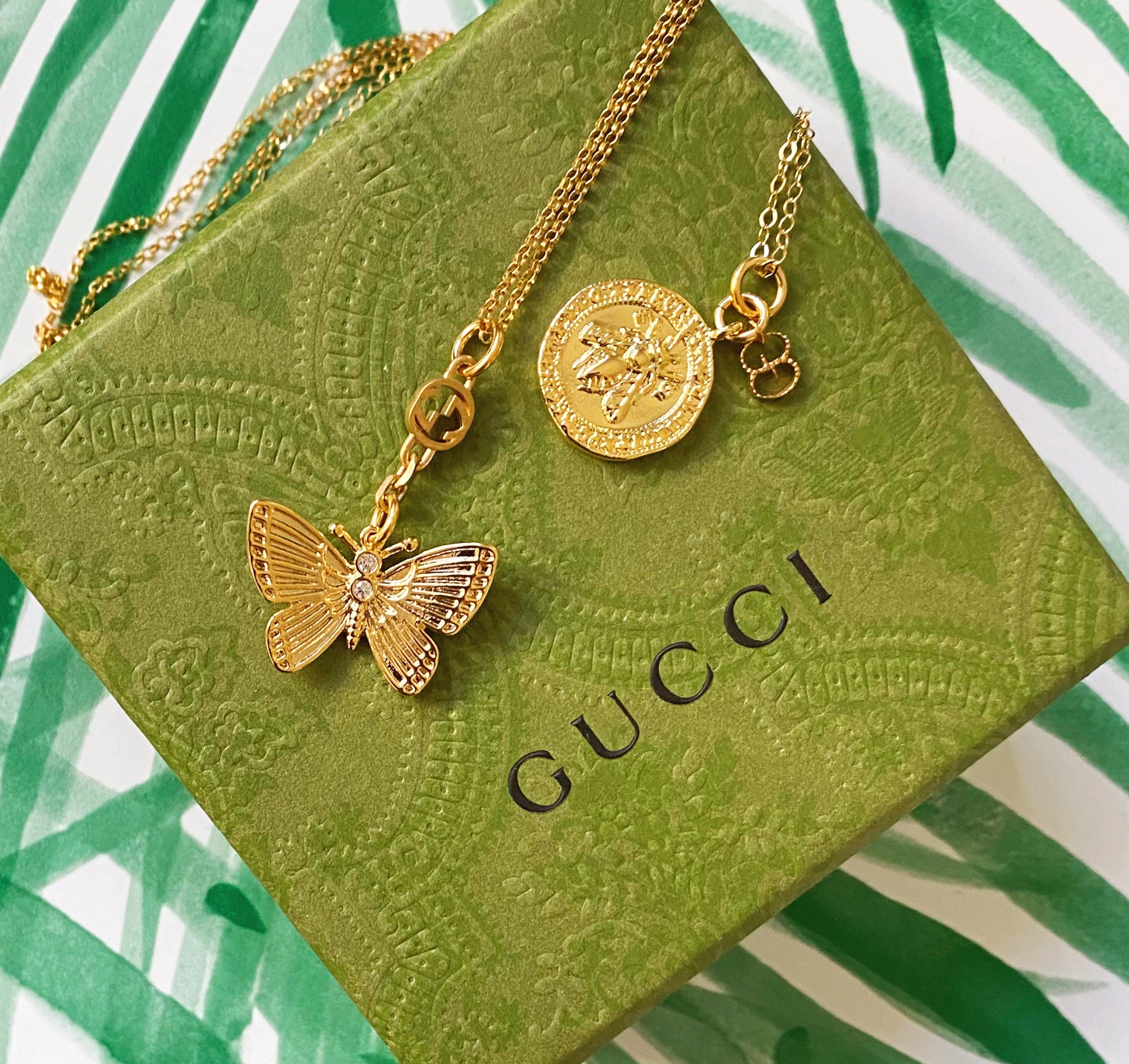 Medium Gold Butterfly and Tiny Repurposed Gucci Charm Necklace