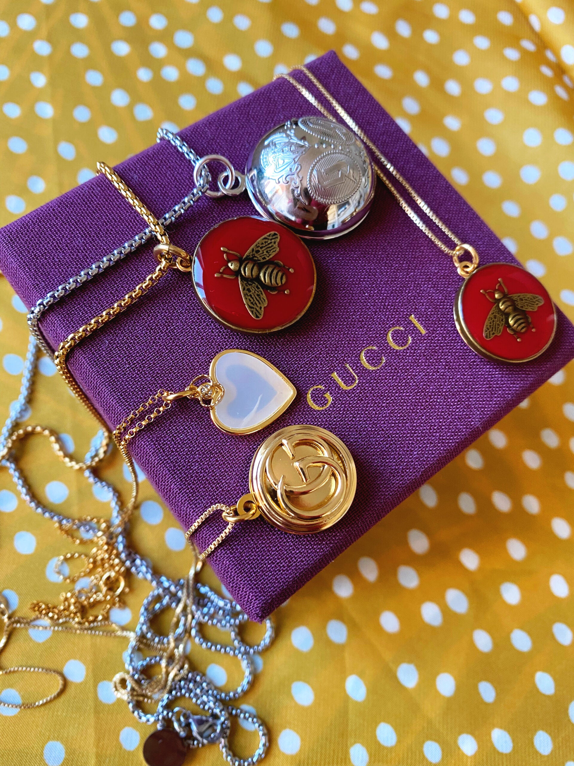 Medium Gold and Red Enamel Repurposed Gucci Bee Button Necklace