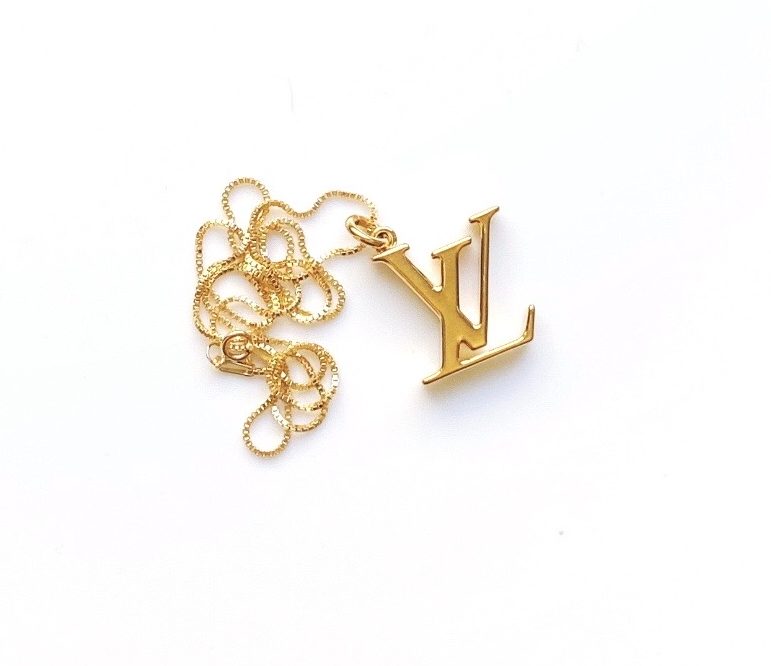 Repurposed Louis Vuitton Gold LV Monogram Zipper Pull Charm Necklace