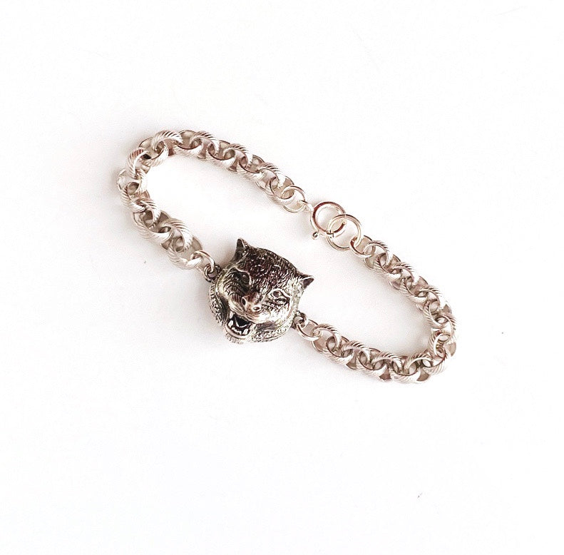 Medium Silver Repurposed Gucci Feline Charm Bracelet