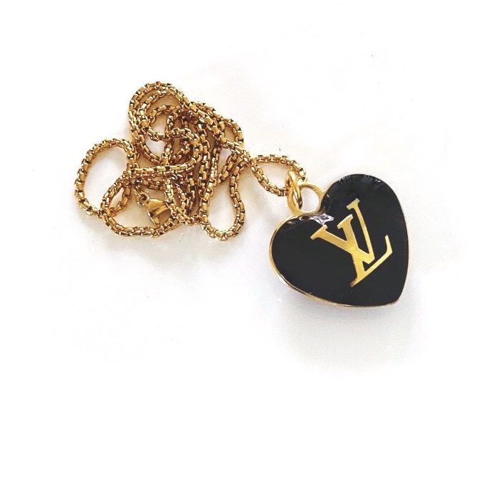 Large Vintage Black and Gold Repurposed Louis Vuitton Heart Charm