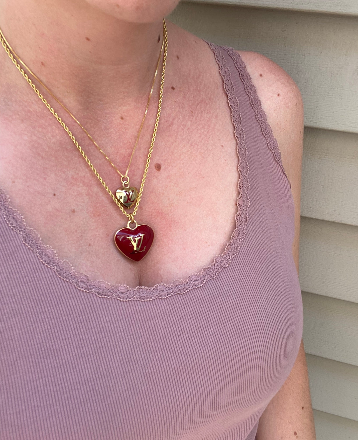 Large Vintage Red and Gold Repurposed Louis Vuitton Heart Charm