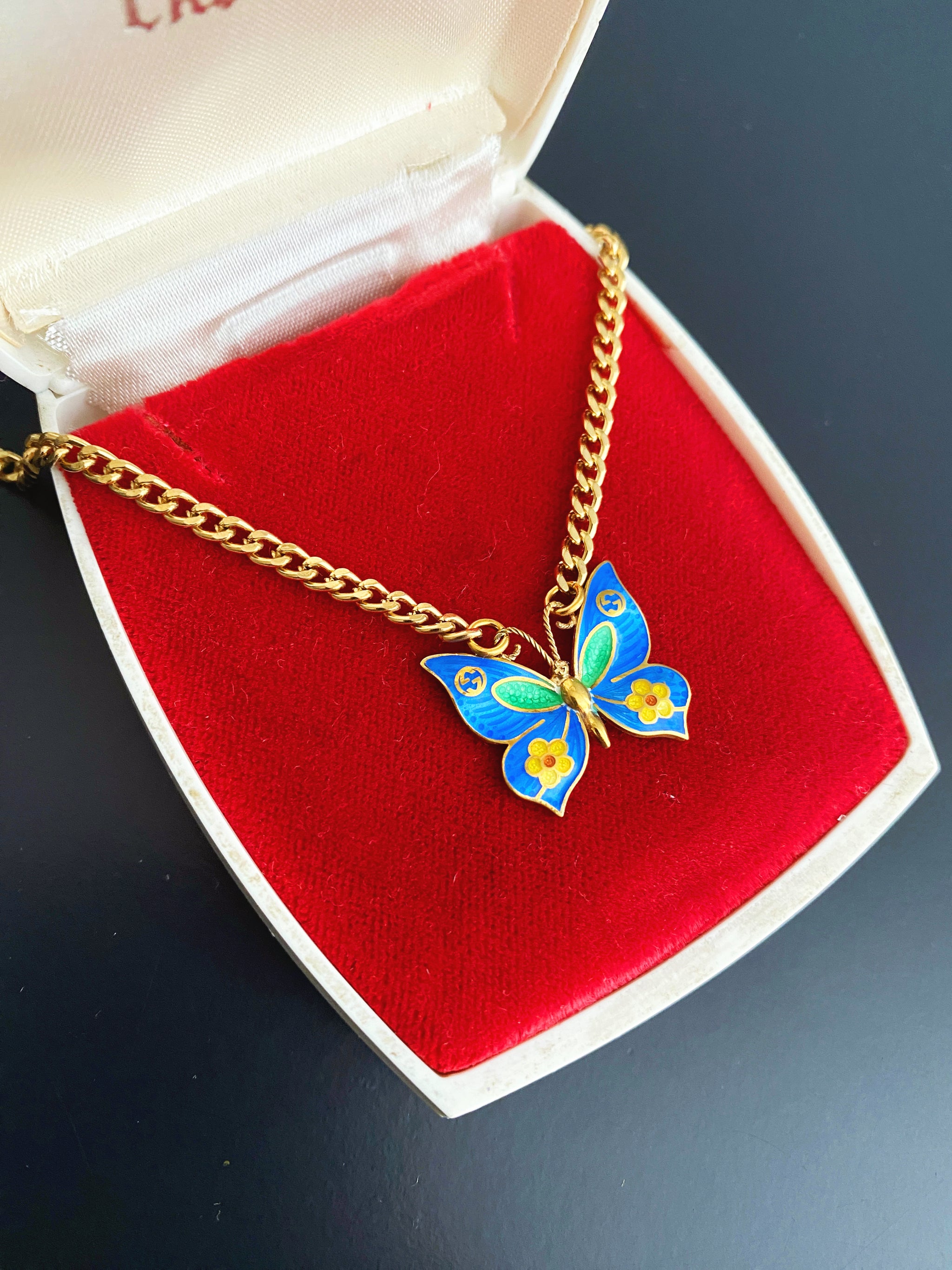 Gold and Blue Enamel Gucci Butterfly Charm Necklace – Old Soul